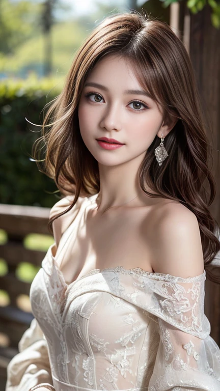 1 girl, very bright backlighting, solo, {beautiful and detailed eyes},large breasts, calm expression, natural and soft light, hair blown by the breeze, delicate facial features, Blunt bangs, beautiful russian girl,eye smile, very small earrings, 22yo, ((model pose)), Glamor body type,(half red and half brown hair,short wavy hairstyle:1.2), flim grain, realhands, masterpiece, Best Quality, photorealistic, ultra-detailed, finely detailed, high resolution,brown messy hair, perfect dynamic composition, beautiful detailed eyes, russian girl,((nervous and embarrassed)),sharp-focus, beautymix, FilmGirl,(smile),(wearing an exquisite off-shoulder airy gown made of delicate lace and sparkling gemstones that refract the warm light:1.3),facing reality,(cowboy shot:1.3),model posing, (look at the viewer)