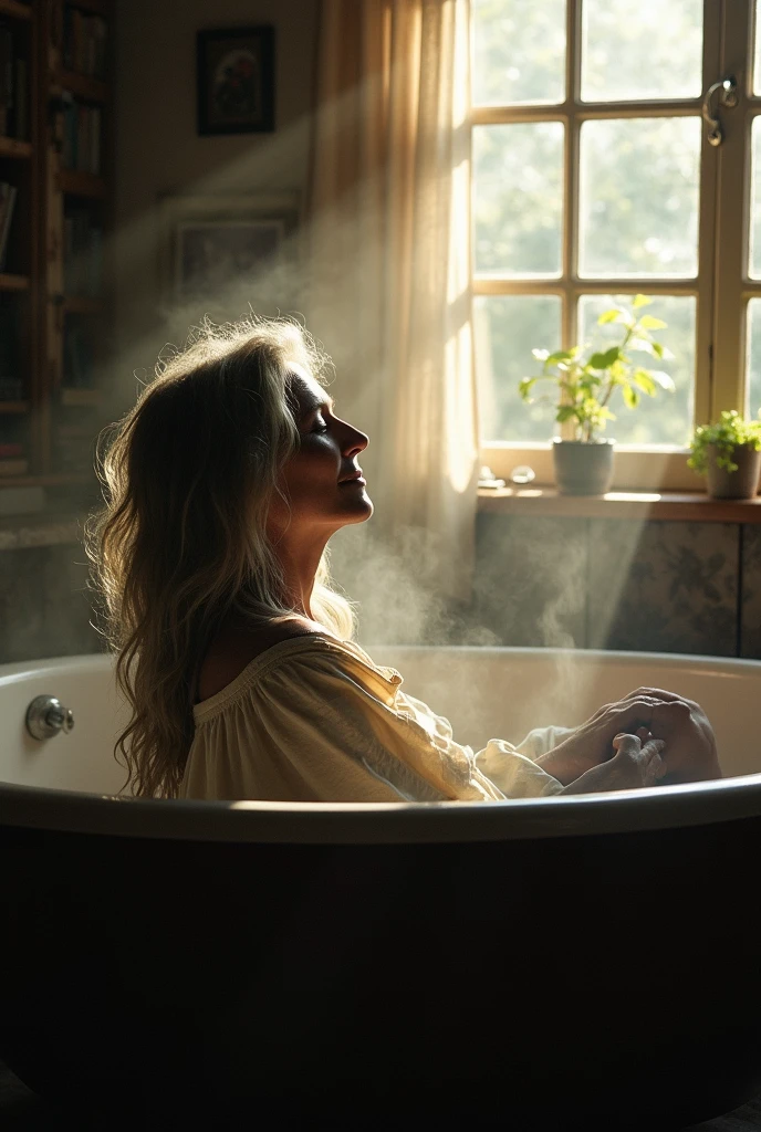 Silhouette of a 67 year old bohemian hippie woman bathing in her tub