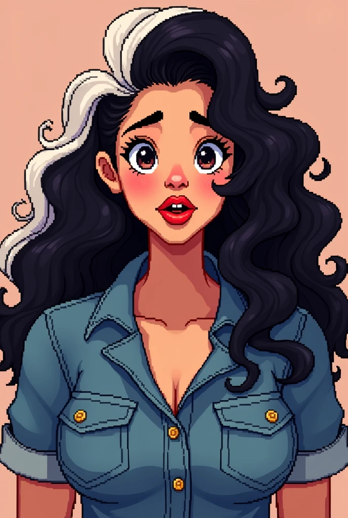 brunette woman, black person hair curly kinky layered long defined white streak, chubby, denim clothing, Brown eyes, reddened mouth, dark eyes, big and wide face, Disney pixel animation style wide nose