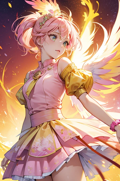 Falon is a light beige phoenix with pink and yellow hair, worn in a pony tail.
She wears a pink top, decorated with flames. Her skirt is pink and yellow with a floral design.
She comes with a pink headpiece and pink and yellow wings. SPARKLE; GLITTER