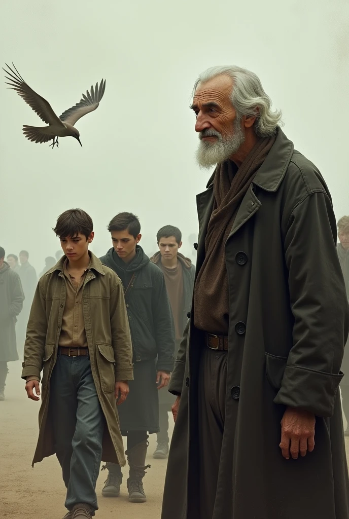 Visual Prompt: The youths walking away with their heads lowered, the bird flying free behind them, while the old man watches them depart with a gentle smile.