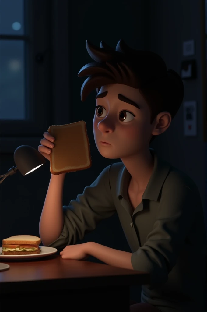 Only the light from the television lets us see Jhon's face., while eating a sandwich, He turns off the TV and says goodbye to a person who is going to sleep by giving him an order to turn off the kitchen light.