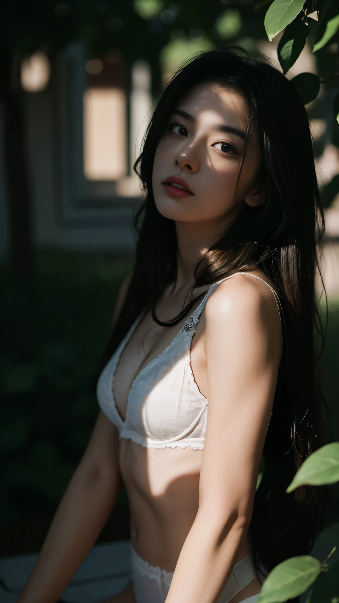 best quality, Masterpiece, Ultra high resolution, (realistic:1.5), raw photos, 1 girl,, in the dark, deep shadow, low voice, cool light, y look, long hair, smooth , sexSilk underwear , Shadow of leaves