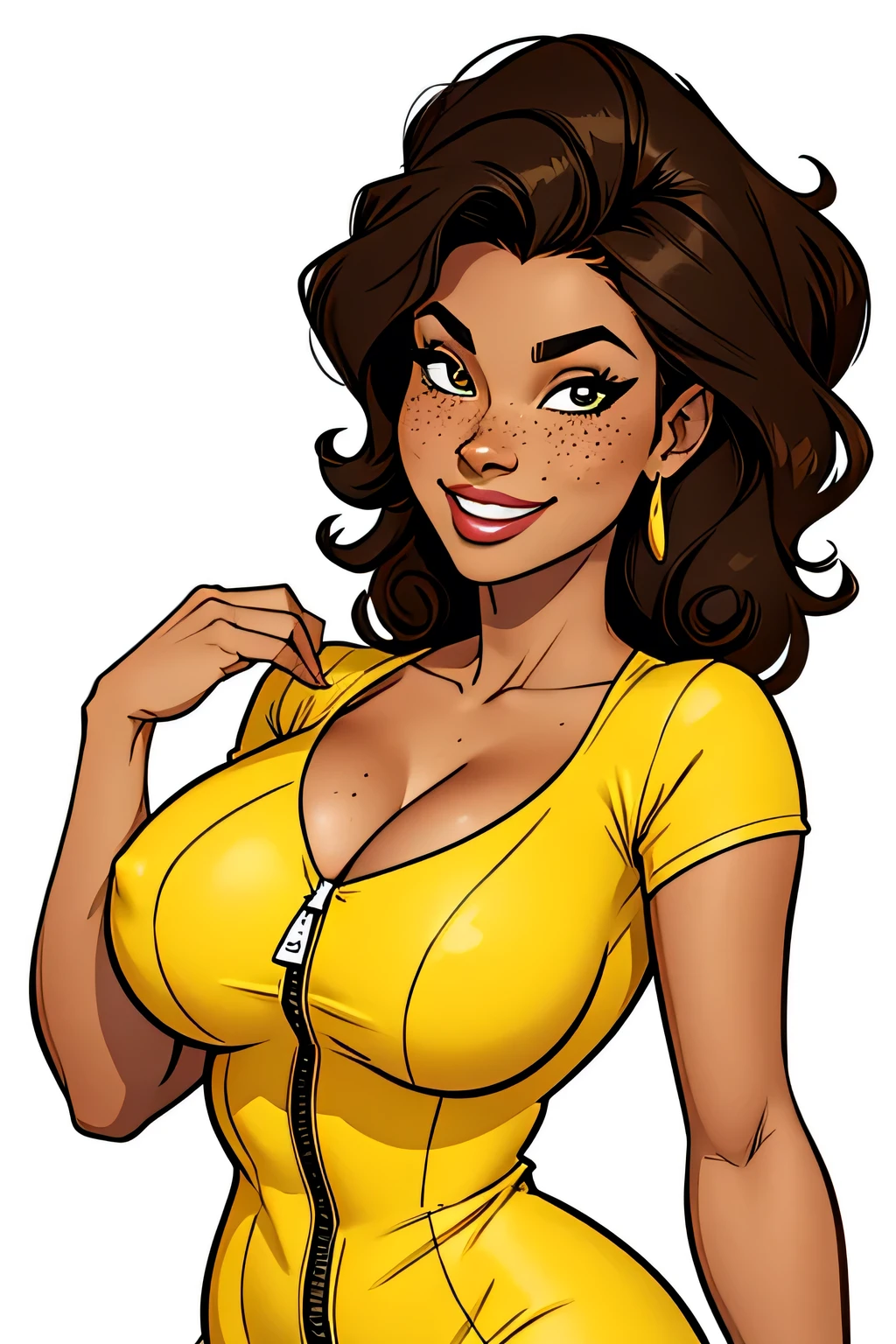 Thin woman, age 25, 4K (High definition), beautiful smiling, seducing gaze, eyes browns, wearing a yellow dress (com zipper lateral) and short sleeves, arms positioned at the side of the body, brown skin, curly black hair to the shoulders, standing (upper body), full of curves with freckles on her chest and neck, round breasts. High-quality Marvel style, white background.