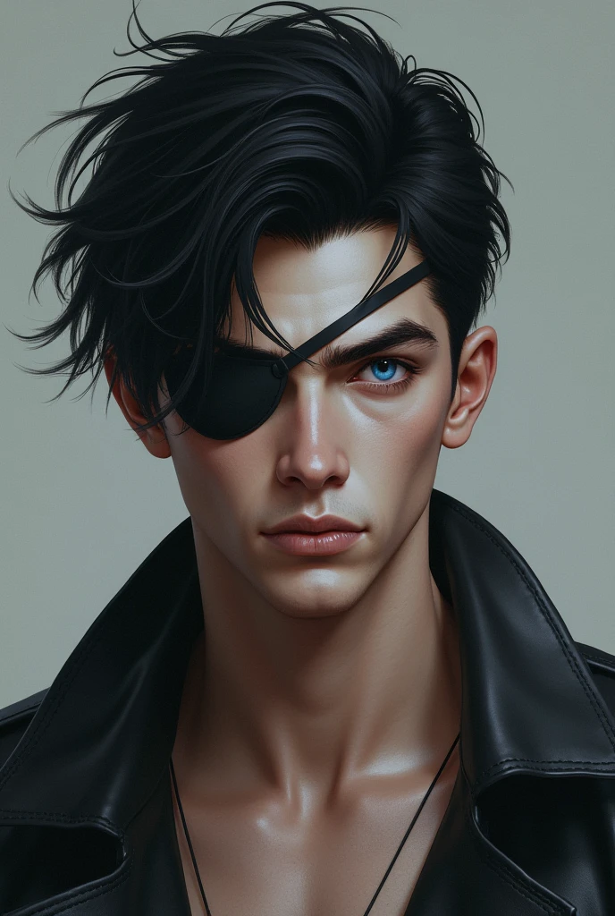 A serious black-haired white man with an eye patch, younger and more muscular, even younger and with more delicate features, blue eyes