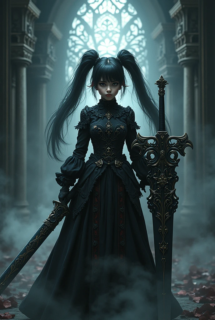 (Best Quality), dark fantasy, big sword, magical girl, Gothic, twin tails, realist, ultra detailed, High Definition, cheered up,  