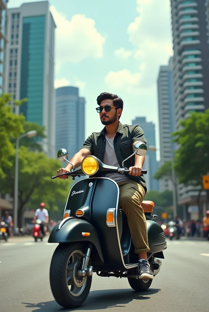 Wide view, One Asiatic malay man, 27 year ,glasses,casual shirt, cargo pants, sneakers, very little small beard mustache rides black and yellow vespa kalsik's motorcycle in the background beautiful city of kuala lumpur outdoors, the image is very detailed, super HD