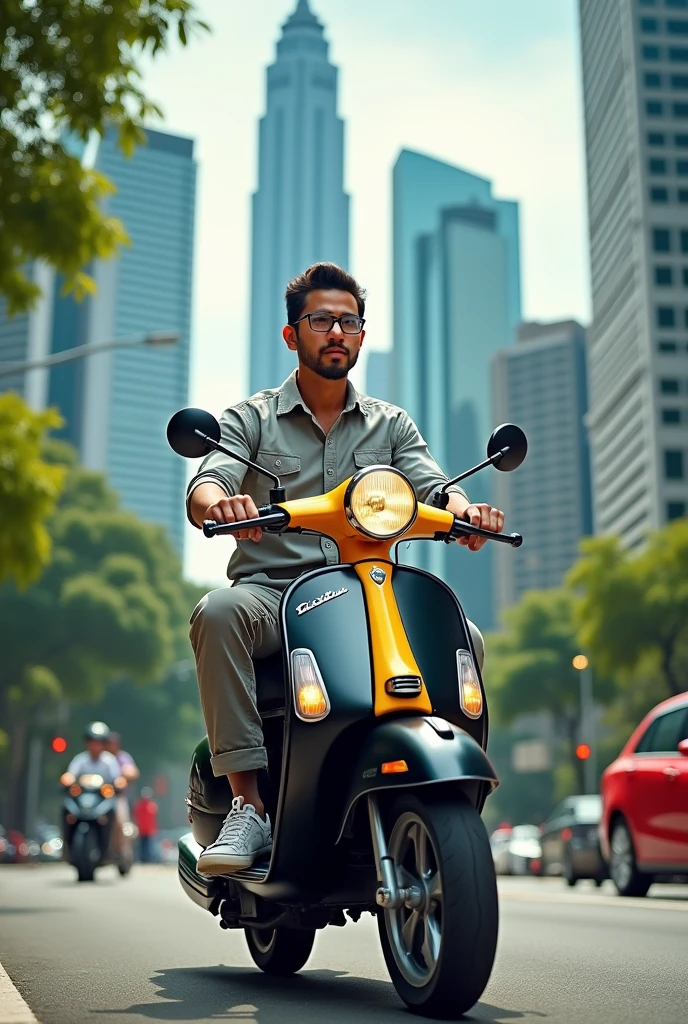 Wide view, One Asiatic malay man, 27 year ,glasses,casual shirt, cargo pants, sneakers, very little small beard mustache rides black and yellow vespa kalsik's motorcycle in the background beautiful city of kuala lumpur outdoors, the image is very detailed, super HD