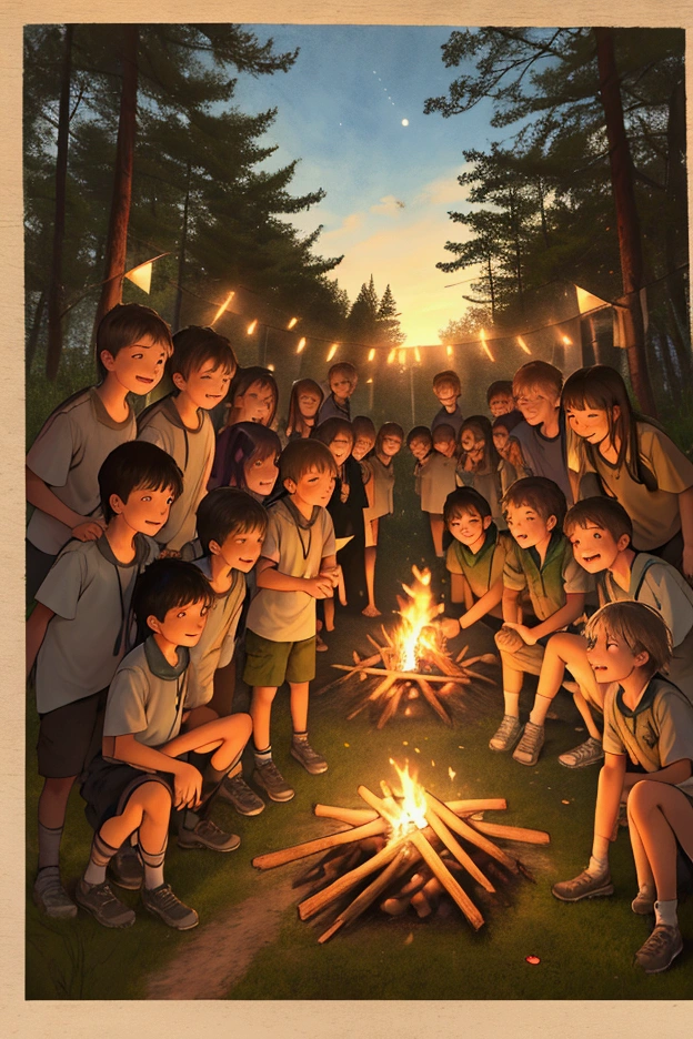 Distressed color photo of children at summer camp around campfire saying goodbye, group photo, 20 children aged 12 to 13, boys and girls, photo on farewell shift, end of season, written at the end of the photo Alto da Serra Camp Class of 2012