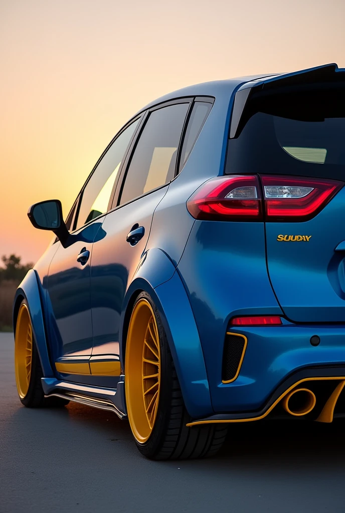 Tuning of Renault Scenic II model 2007 in twilight blue with burnt yellow details on the doors, rims, fenders and mirrors