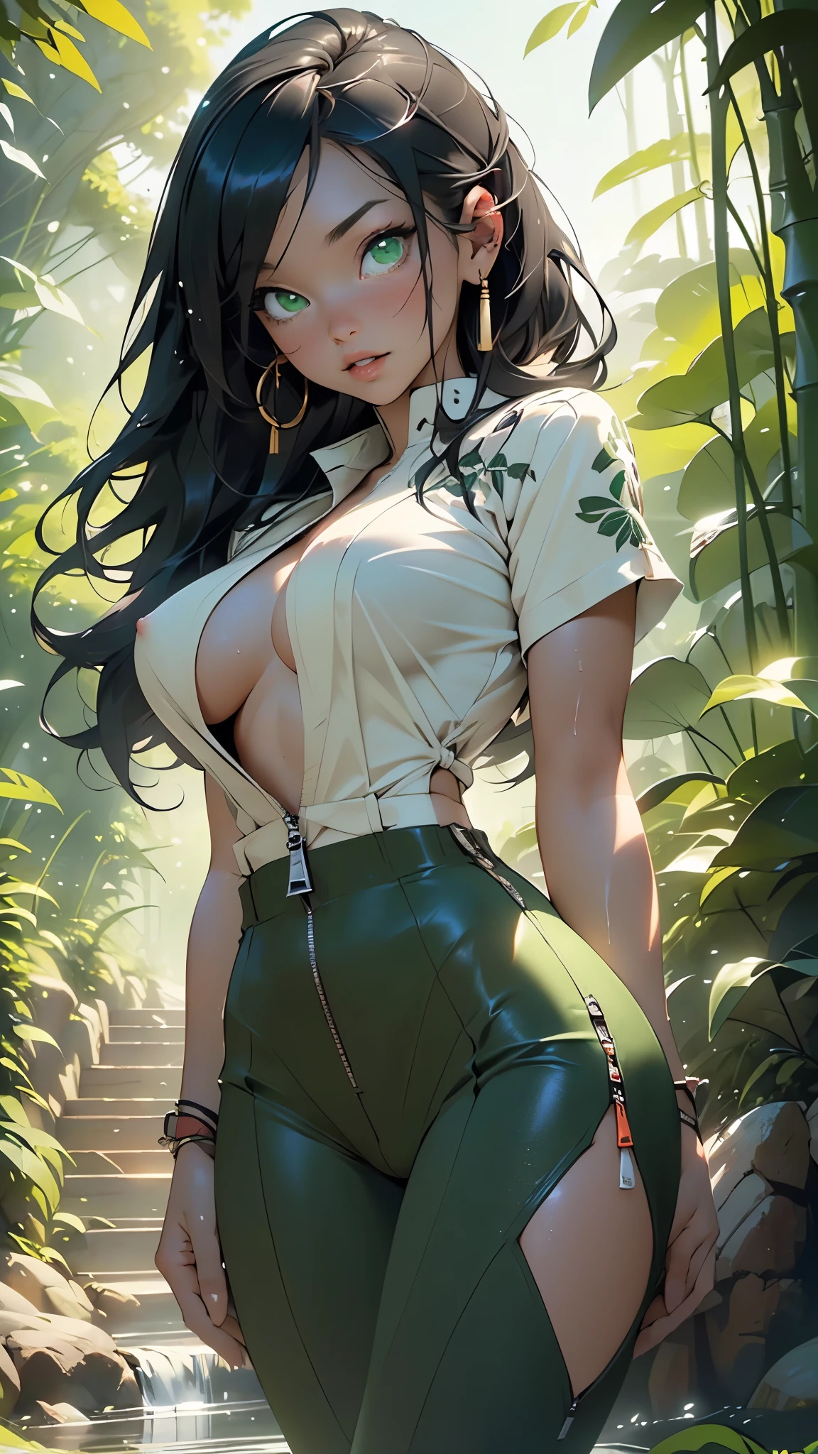 samurai girl,(((1girl))),((beautiful girl with samurai suit)),woman,1female,((milf,mom,mature,mature woman,4 female,adult)),

(large breasts:1.4),saggy breasts,(((dark hair:1.4,straight hair,long hair:1.4,colored inner hair))),(((green_eyes:1.3))),intricate eyes,beautiful detailed eyes,symmetrical eyes,((fat)),(((lustrous skin:1.5,bright skin: 1.5,skin tanned,shiny skin,very shiny skin,shiny body,plastic glitter skin,exaggerated shiny skin,illuminated skin,wet legs))),(spider lower abdomen,narrow waist,wide hip,imbo body,inflated legs, thick thighs,detailed body,(detailed face)),

cute,slutty,seductive,erotic,(((nsfw))),

revealing clothing,show skin,((underboob:1.5)),(cleavage),((samurai suit outfit, green samurai suit,short sleeve samurai)),(wearing a samurai suit outfit:1.3,samurai suit clothes),((zipper suit, zipper slightly unzipped))),((wet clothes,intricate outfit,intricate clothes)),

(dynamic pose:1.0),solo focus,embarrassed,(centered,scale to fit dimensions,Rule of thirds),

outdoors,(waterfall,bamboo,river,bamboo forest,japanese temple,red lanterns burning,temple in the forest,mossy stairway in the temple,dilapidated temple,bamboo sanctuary,),scenery,extremely scenery,(puddles everywhere,moss,moss on the background),clouds,lily pads,(sunset, golden hour),

(Glossy japan ornaments),highres,sharp focus,(ultra detailed,extremely detailed),(photorealistic artwork:1.37),(extremely detailed CG unity 8k wallpaper),(((vibrant colors,vibrant theme))),(intricate),(masterpiece),(best quality),artistic photography,(photography taken by sldr),(intricate background),perfect rendered face,perfect face details,realistic face,photo realistic,((intricate detail)),(((realism))),

