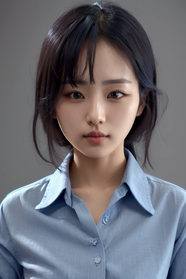 Woman wearing a blue ondown shirt.