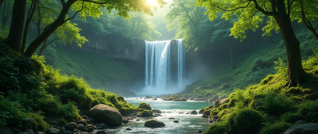 detailed realistic 8k highly detailed lush forest, majestic waterfall cascading over mossy rocks, sunlight filtering through dense foliage, serene river winding through the verdant landscape, natural outdoor scenery, photorealistic, award winning, cinematic lighting