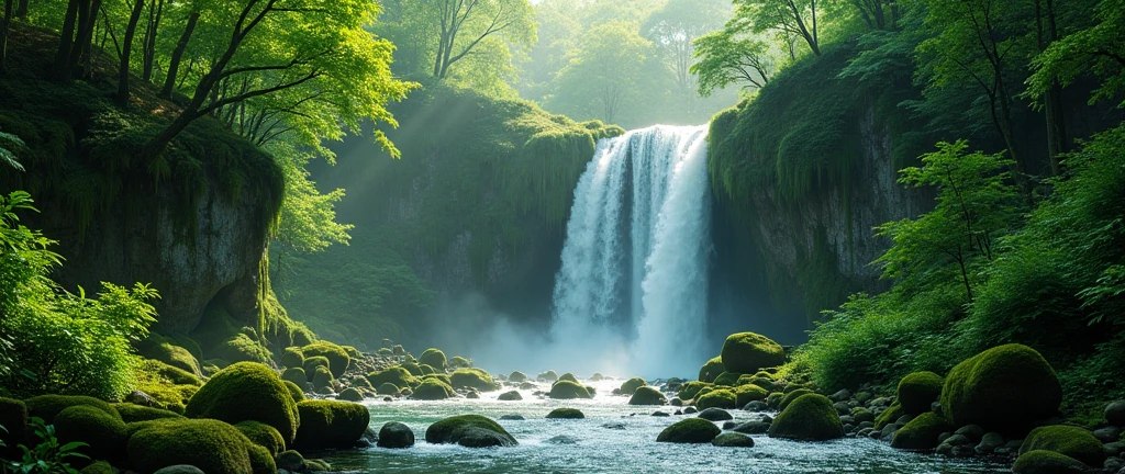 detailed realistic 8k highly detailed lush forest, majestic waterfall cascading over mossy rocks, sunlight filtering through dense foliage, serene river winding through the verdant landscape, natural outdoor scenery, photorealistic, award winning, cinematic lighting