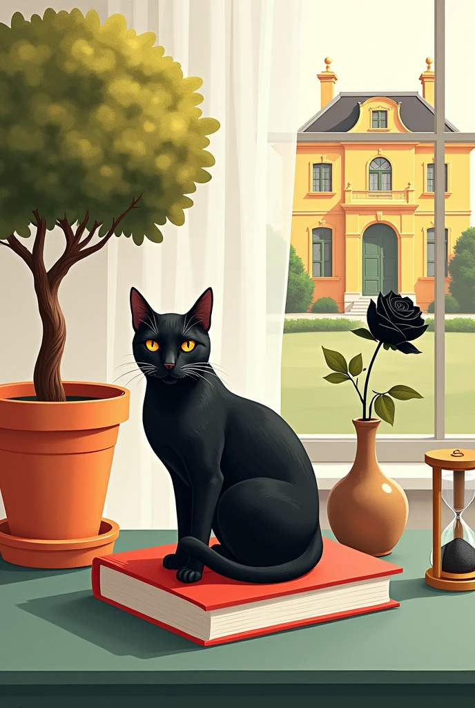 Watercolors_soft_neutral+cat_negro+book_red+naranjo_bonsai+rose_black+mesa_Tones_greens+window+mansion_yellow+ cat sentado sobre el book red a lado de un florero con rose black, una maceta con un naranjo bonsai y un reloj de arena tobre una mesa de Tones greens y windows para ver una mansion yellow
