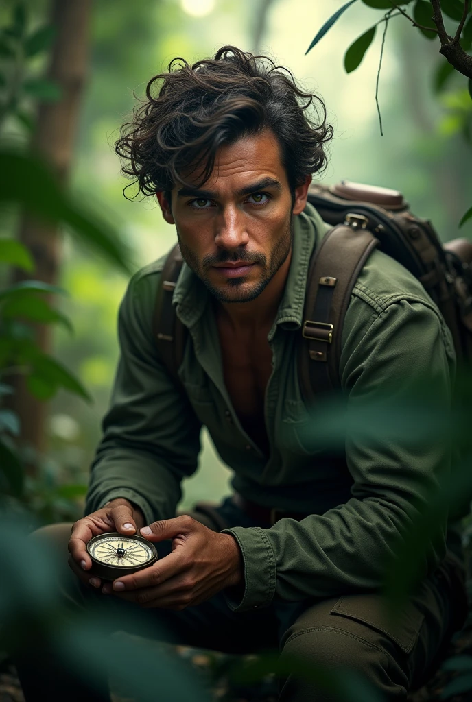 a dangerous jungle full of challenges with a man trying to find the right path, detailed portrait of a young man, handsome man with beautiful detailed eyes, beautiful detailed lips, extremely detailed face and eyes, longeyes lashes, serious expression, muscular body, holding a compass, lush tropical foliage, dense overgrown vegetation, sunlight filtering through the leaves, moody dramatic lighting, cinematic composition, muted color palette, realistic, photorealistic, photo-realistic, (best quality, 8k, highres, masterpiece:1.2), ultra-detailed, cinematic, dramatic, awe-inspiring