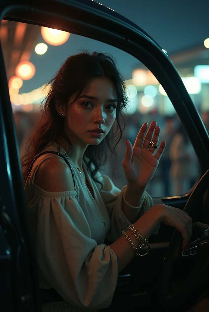 (photorealism:1.2), the beautiful woman at the car door waving goodbye(sad facial expression looking at the camera), at a train station, crowded with people, lights at night, wagon