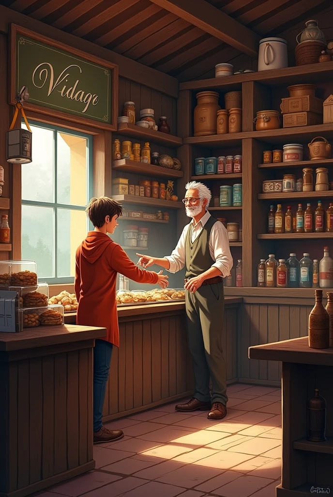  An interior of a village shop, with a wooden counter and shelves full of products. An old man, Possibly Don Antuco, serves a customer who points to a product with a smile.