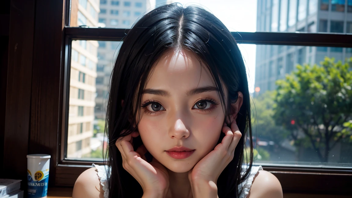 xxmixgirl,one person&#39;s, Fisheye Lens, Selfie, Wind, Messy Hair, sunset, Cityscape, (Aesthetics and atmosphere:1.2), Gray Hair,smile, Film Girl, Short top shirt, Open your chest wide, 