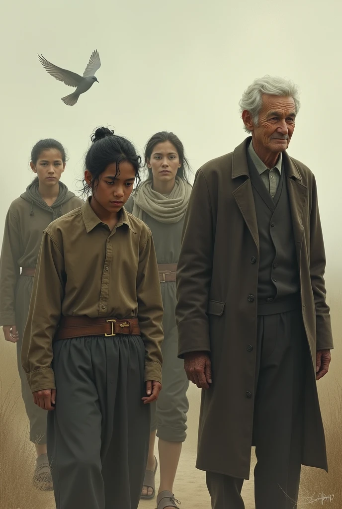 Visual Prompt: The youths walking away with their heads lowered, the bird flying free behind them, while the old man watches them depart with a gentle smile.