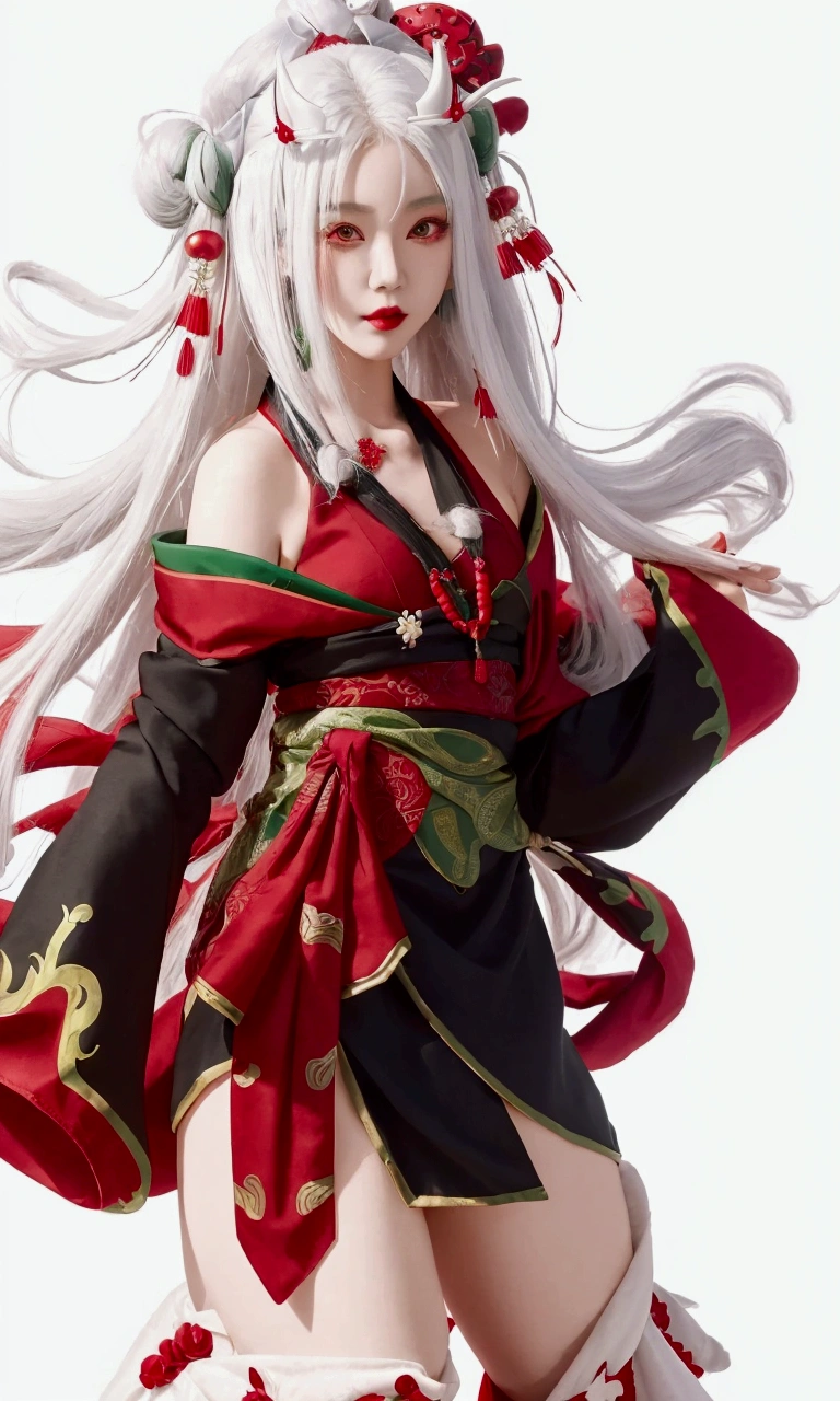 a woman in a red and black and green dress with long white hair, white haired deity, onmyoji portrait, onmyoji detailed art, onmyoji, cute waifu in a nice dress, female character
