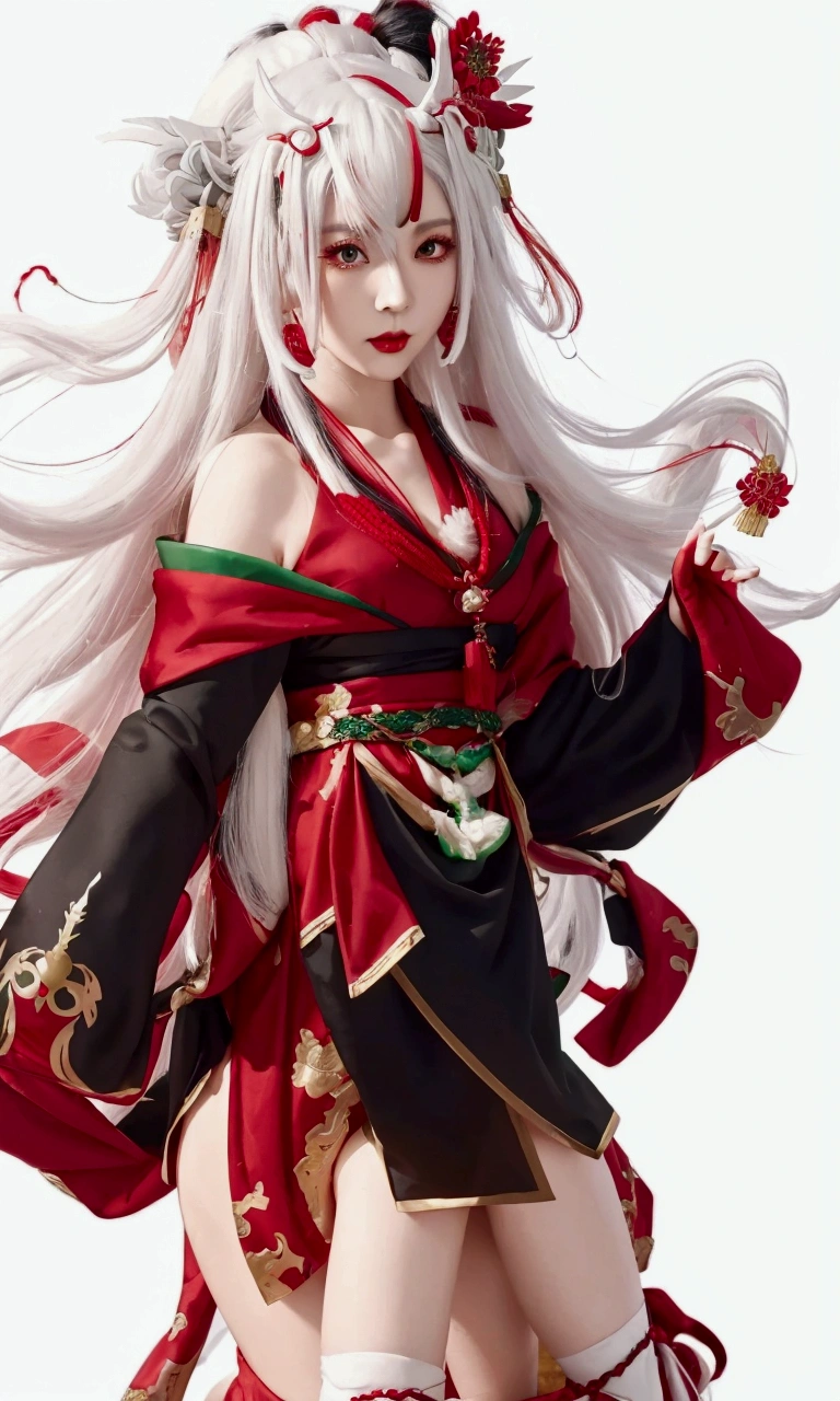 a woman in a red and black and green dress with long white hair, white haired deity, onmyoji portrait, onmyoji detailed art, onmyoji, cute waifu in a nice dress, female character