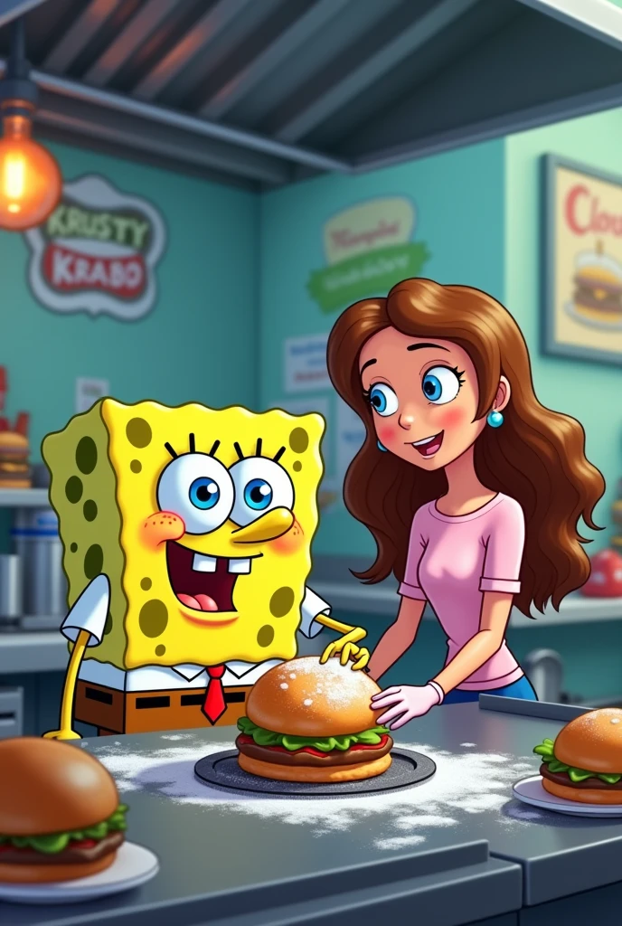Teenage girl with brown hair helping Sponge Bob prepare the burger on the grill in the Krusty Krab kitchen