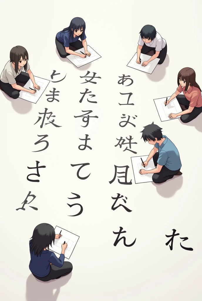 Many Japanese characters writing jiragana on a sheet of paper
