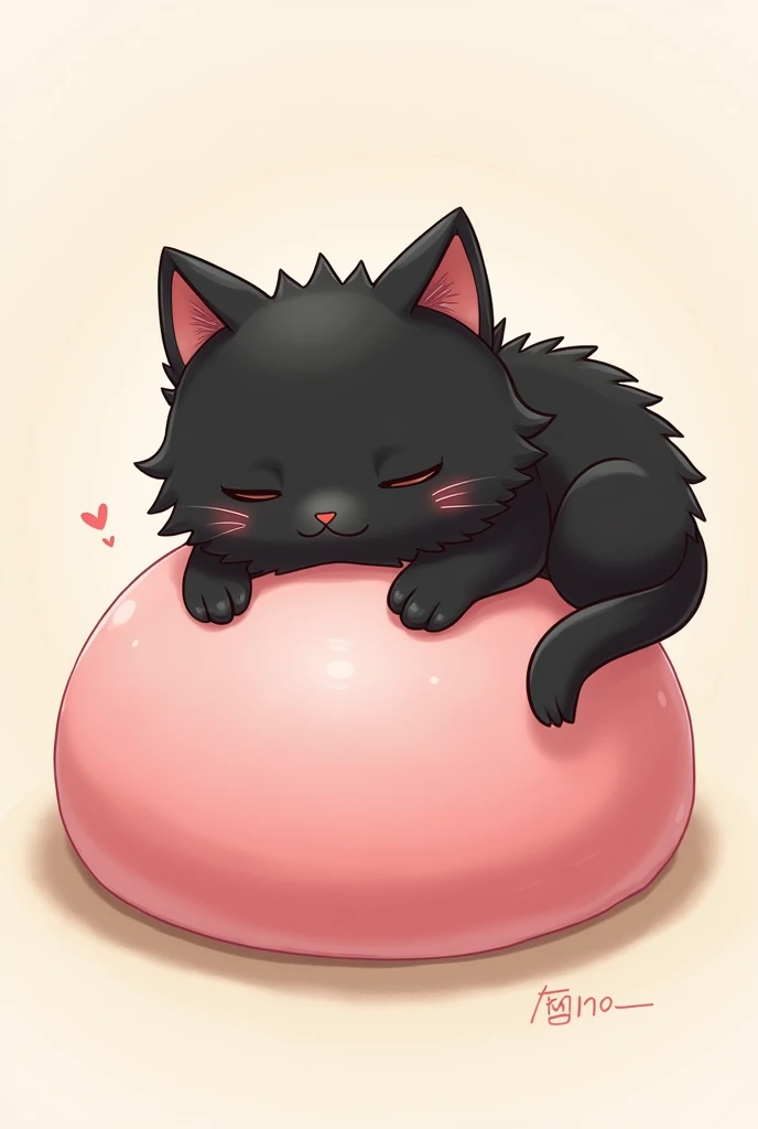 a cat on top of a pink mochi , The cat that is black is more adorable and that is hugging him than the mochi and looks more traditional than anime