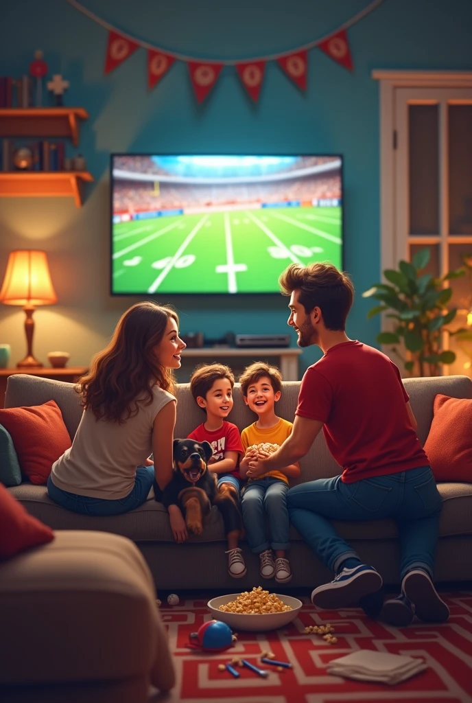 Family celebrating on the living room couch with their dog, watching an American football game with all the themed decorations of the game.