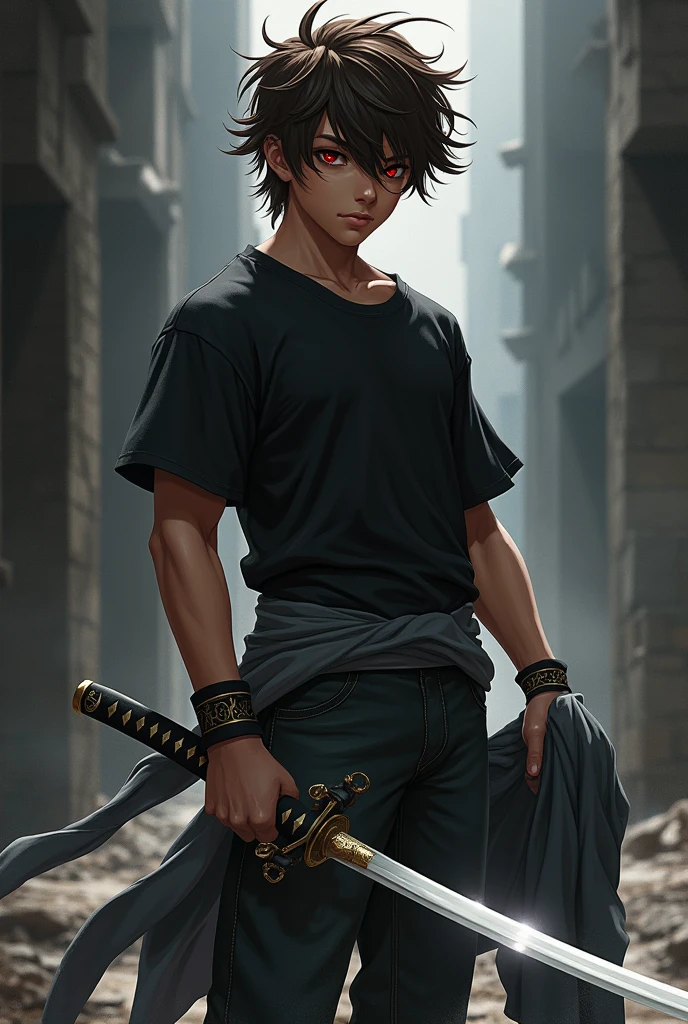 A half-muscled boy with deep red eyes and brown hair wearing a black shirt with jeans and a sweatshirt in his hand with a white katana and wristbands