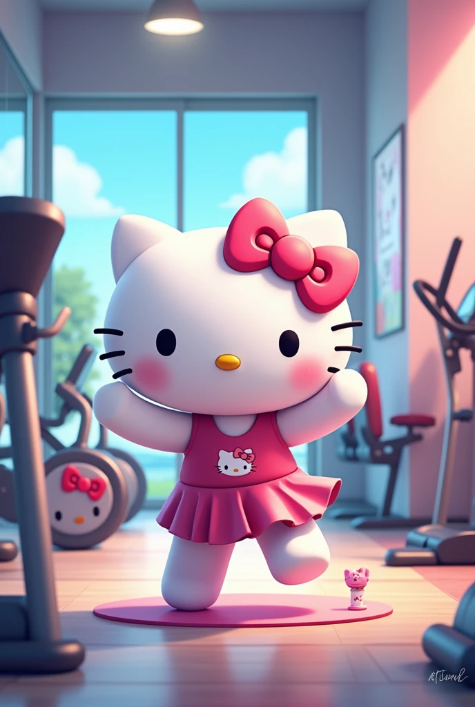 hello kitty doing physical exercise at the gym
