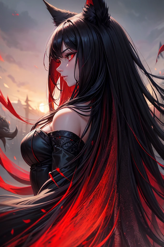 beautiful girl with long black hair, red eyes, black fox ears and a black fox tail, wearing a black and red dress, hyperrealistic, highly detailed, 8k, photorealistic, intricate, cinematic lighting, dramatic lighting, moody atmosphere, warm color palette, cinematic pose, elegant, mystical, magical, fanciful, ethereal, fantasy art, dark fantasy