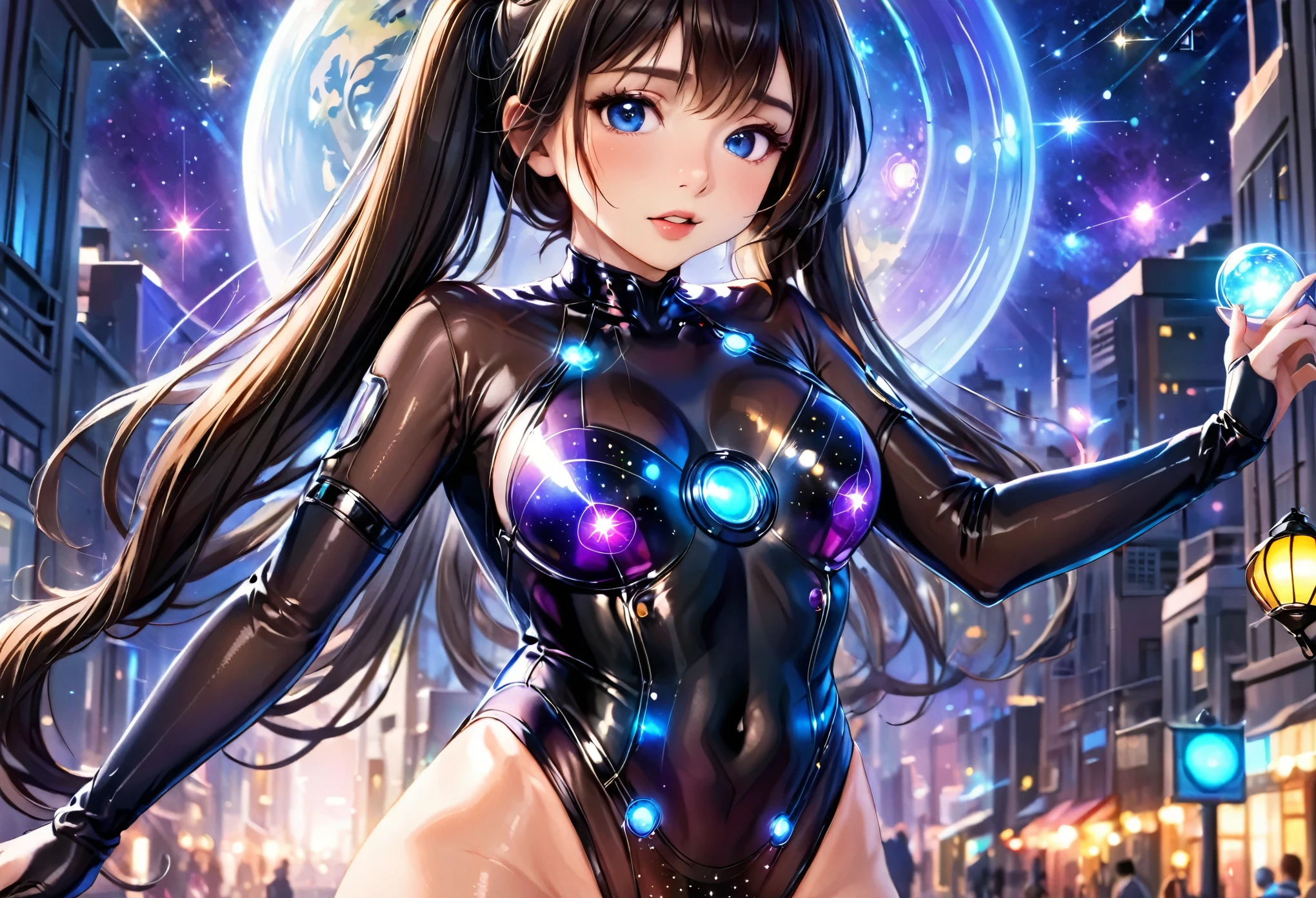 Future city, universe, technology, magic, reality, cute woman (sheer body suit with blinking lights, no underwear), starry eyed sight seer
