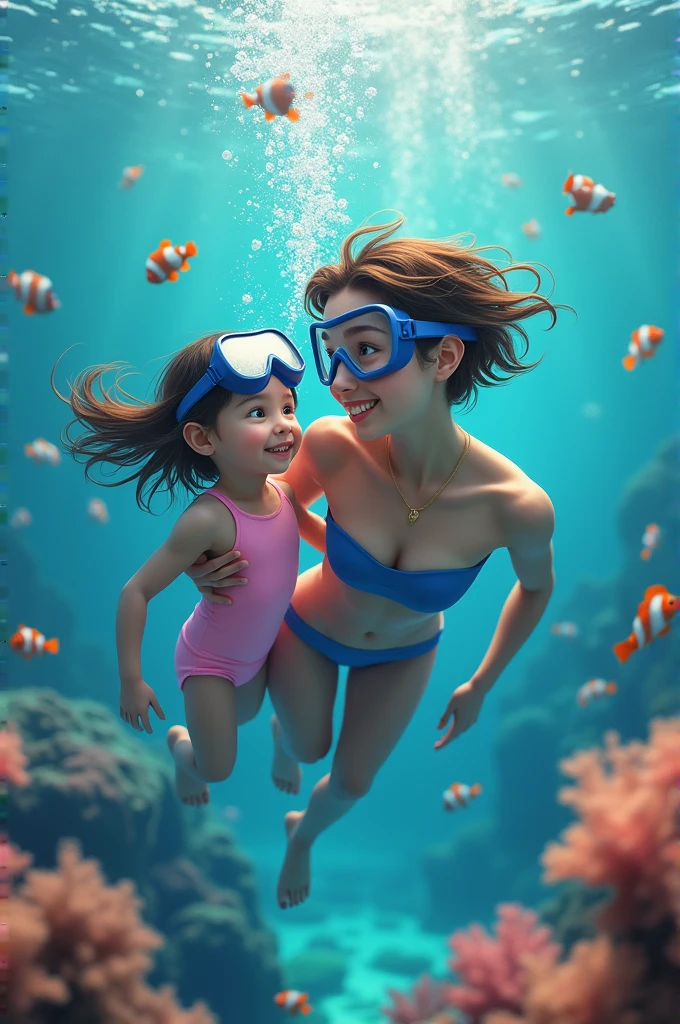 a beautiful young mother and her daughter swimming underwater in a coral reef, the daughter wearing a pink one-piece swimsuit and the mother in a blue bikini, both smiling and wearing diving masks, surrounded by surgeonfish, clownfish, and bubbles, age difference between the two, short hair on the mother, long hair on the daughter, (best quality,4k,8k,highres,masterpiece:1.2),ultra-detailed,(realistic,photorealistic,photo-realistic:1.37),beautiful detailed eyes,beautiful detailed lips,extremely detailed eyes and face,longeyelashes,underwater,coral reef,swimming,floating,bubbles,surgeonfish,clownfish,age difference,short hair,long hair,mother and daughter