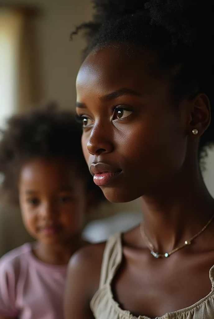 Realistic photo of a sad looking black mother watching her two daughters playing