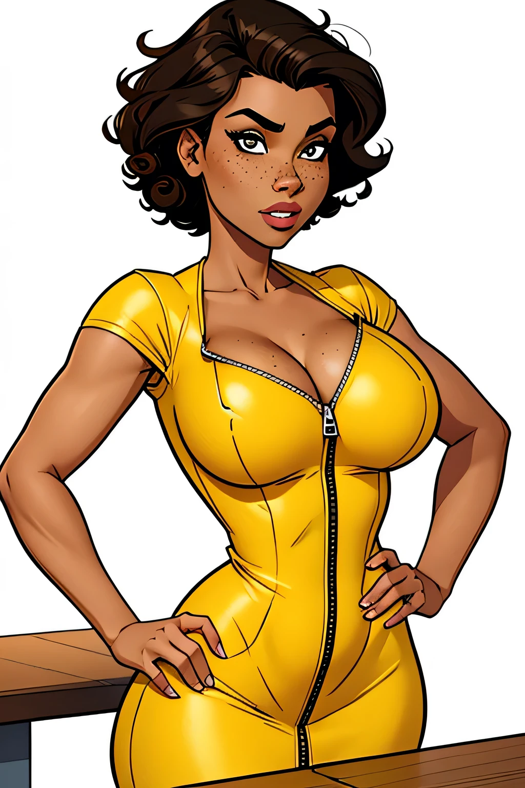 Thin woman, age 25, 4K (High definition), thoughtful, seducing gaze, eyes browns, wearing a yellow dress (com zipper lateral) and short sleeves, arms positioned at the side of the body, brown skin, curly black hair to the shoulders, standing (hands resting on the table), full of curves with freckles on her chest and neck, round breasts. High-quality Marvel style, white background.