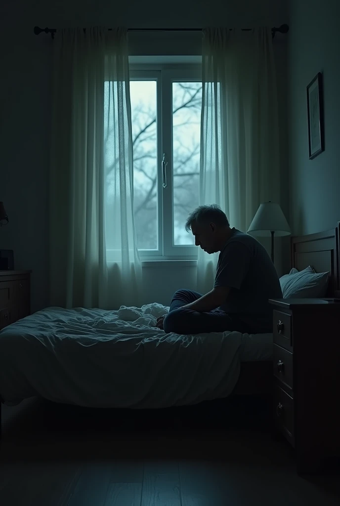 A depress man sitting in his dark room looking outside the window sitting on his bed