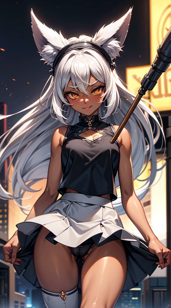 (dark skin,Silver Hair,Fox Girl),(Perfectly detailed face),camisole,mini skirt,(skirt lift),cameltoe,sweaty,Stick Out Tongue,City of night,High resolution, masterpiece, Highest quality, High resolution