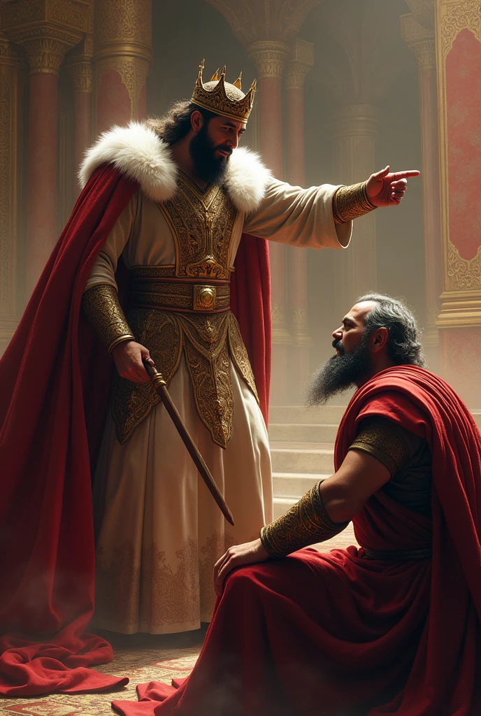  King Xerxes furiously pointing his finger at Haman