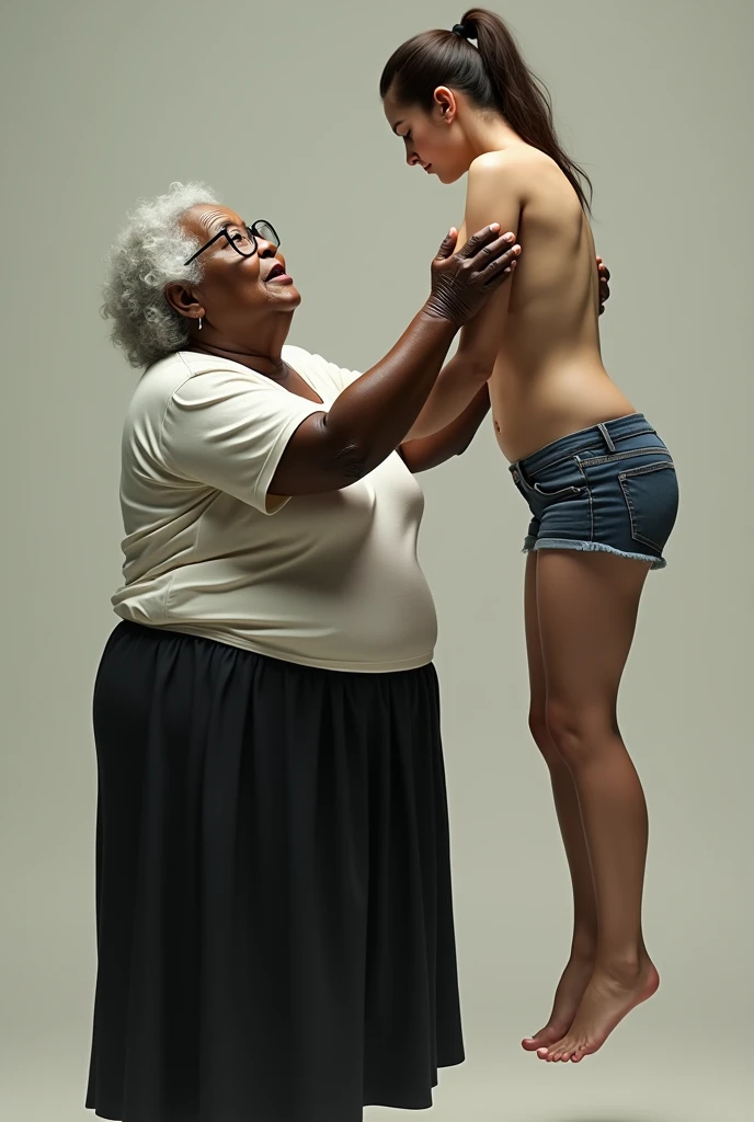 Create a realistic image of an elderly woman, 90 years old, obese, with black and dark skin, wearing a white shirt and black skirt and glasses, lifting the body of a 25-year-old woman from the ground by the waist and lifting it high into the air, with light white skin, blonde hair tied in a bun, slim body, completely naked with her breasts exposed and wearing short denim shorts