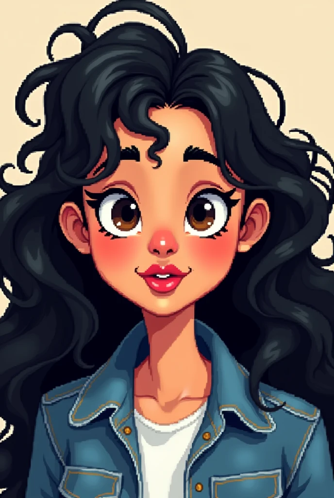 brunette woman, black person hair curly kinky layered long defined white streak, chubby, denim clothing, Brown eyes, reddened mouth, dark eyes, big and wide face, Disney pixel animation style wide nose