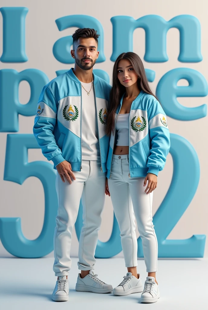 Create realistic images in 3D A couple with a white and light blue jacket With the flag of GUATEMALA AND THE BACKGROUND WITH LETTERS I AM PURE 502