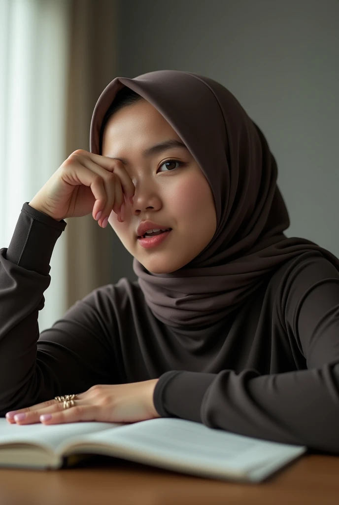 2woman, 3-Years-Old,Female Teacher, Hijab Beautiful Indonesian Woman, Wearing Tight Gamis, wearing bra, White Porcelain Skin, Realistic Ultra,Lesbian Sex, deeply in Lustful,nipple lick,one finger touch pussy,lay down on a table