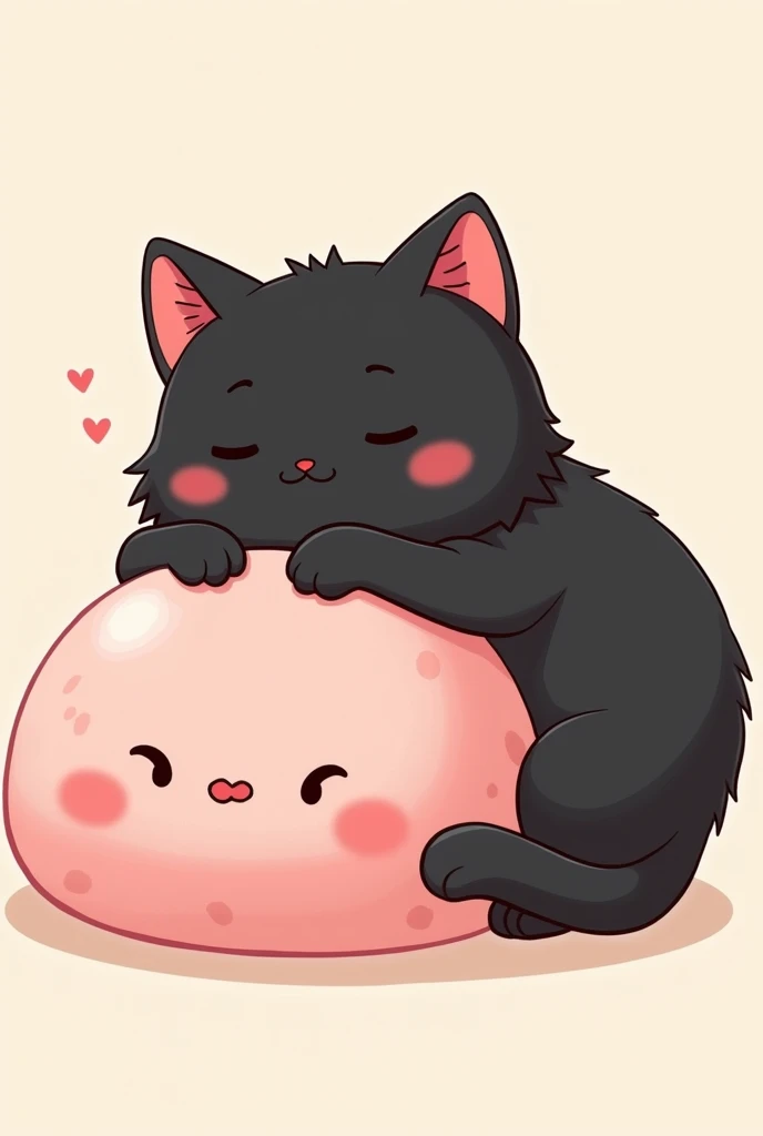a cat on top of a pink mochi , The cat that is black is more adorable and that is hugging him than the mochi and looks more traditional and cartoonish