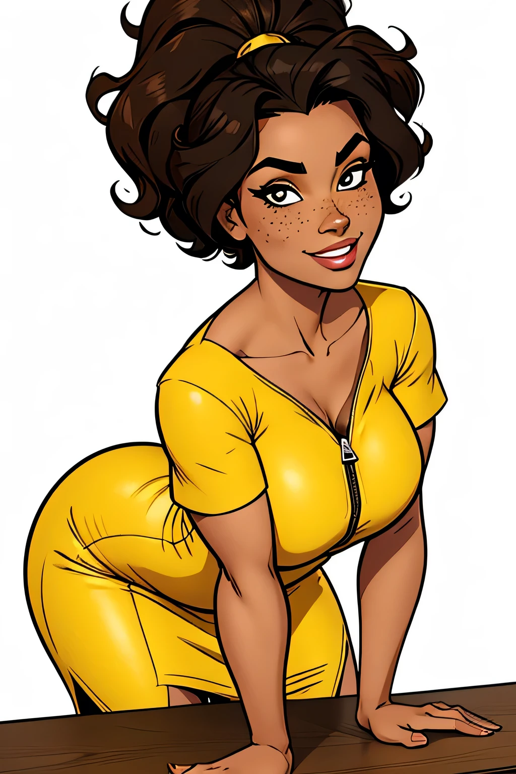 Thin woman, age 25, 4K (High definition), mysterious smile, seducing gaze, eyes browns, wearing a yellow dress (com zipper lateral) and short sleeves, arms positioned at the side of the body, brown skin, curly black hair to the shoulders, standing (hands resting on the table), full of curves with freckles on her chest and neck, round breasts. High-quality Marvel style, white background.