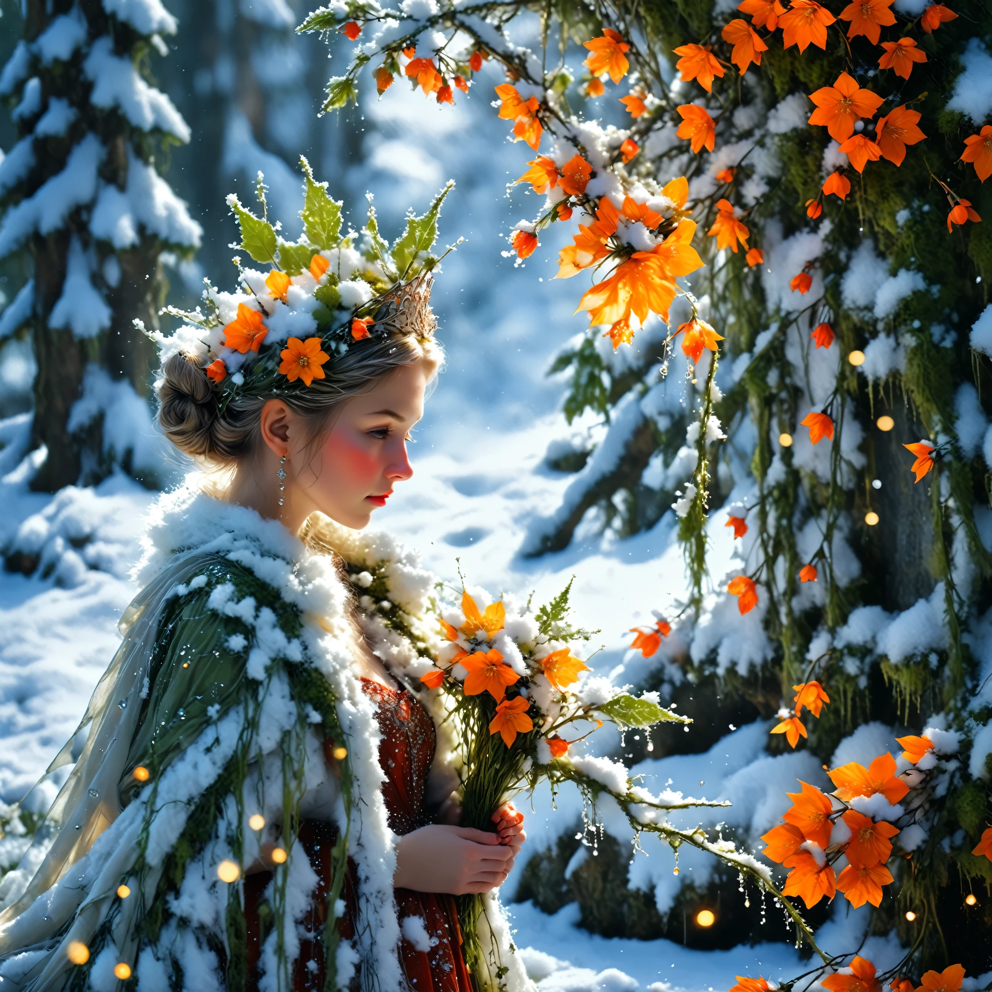 Winter Queen beautiful Swedish lady wearing a gaussian gown made of snow, a diminutive gently crying pixie with tears as big as dew drops sitting in the falling snow on a leaf covered by moss under a large flower with a hole in it where snow drops gets in, snowy forest background, tiny flowers, sparkling with dew and snow flakes, red orange and yellow colors through dappled sunlight, all is covered by snow
