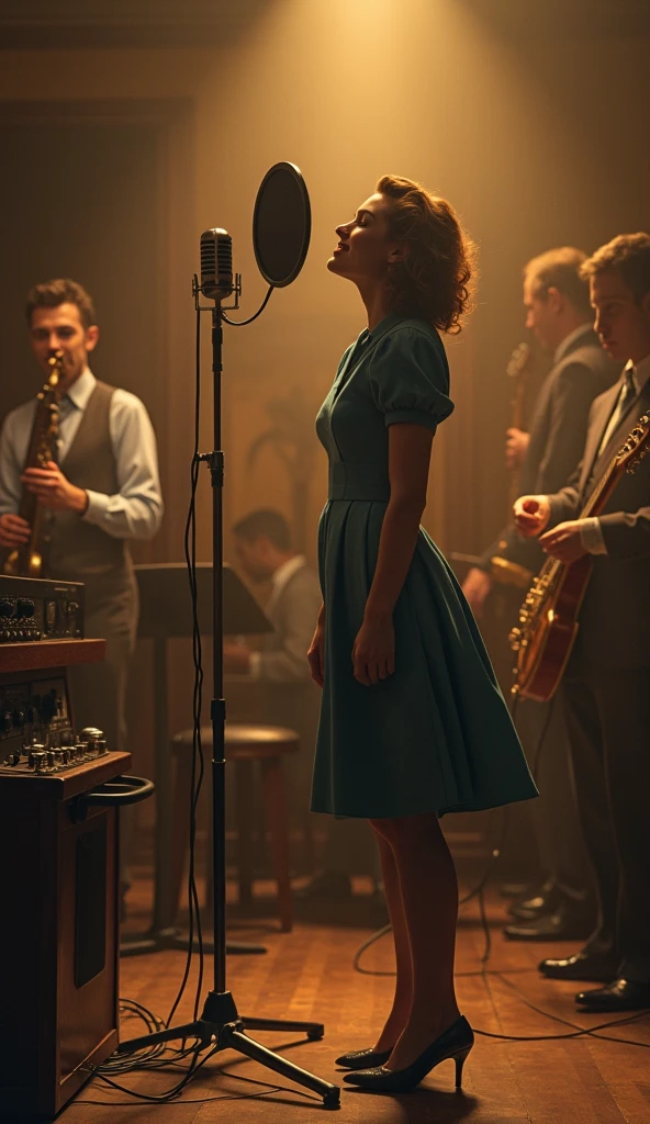 A 1940s recording studio with a warm, sepia glow. In the center, an old-fashioned microphone is surrounded by vintage analog equipment. A young woman, personified as a song, stands by the microphone, dressed in a 1940s style dress. She exudes excitement and energy as she sings. Musicians play in the background, with instruments typical of the era. The room feels alive with the birth of a new creation. (size: 1024x1024)