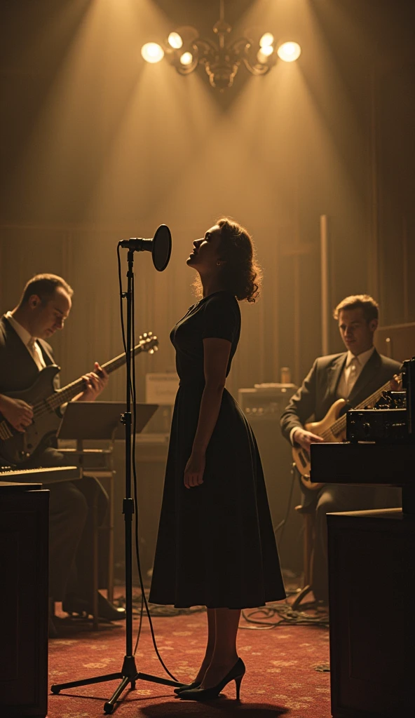 A 1940s recording studio with a warm, sepia glow. In the center, an old-fashioned microphone is surrounded by vintage analog equipment. A young woman, personified as a song, stands by the microphone, dressed in a 1940s style dress. She exudes excitement and energy as she sings. Musicians play in the background, with instruments typical of the era. The room feels alive with the birth of a new creation. (size: 1024x1024)