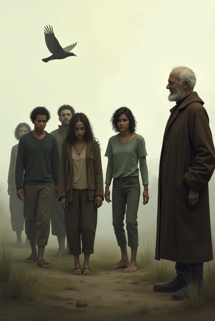 Visual Prompt: The youths walking away with their heads lowered, the bird flying free behind them, while the old man watches them depart with a gentle smile.